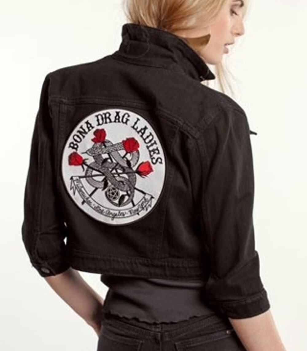 Bona Drag x Court Shop Women Embroidered Patch Denim Jacket XS Black Biker Punk